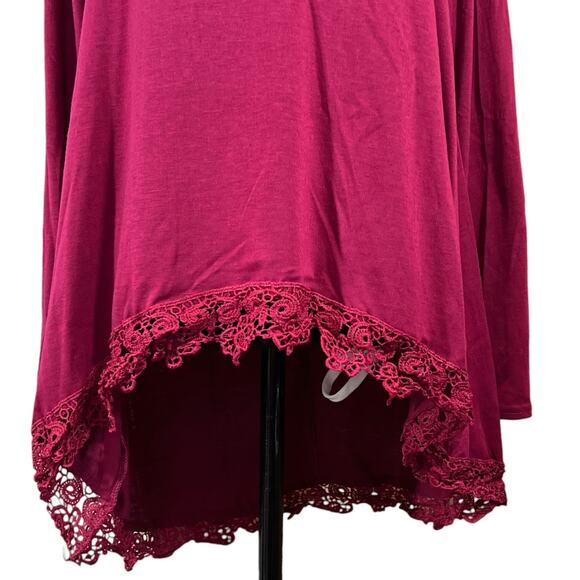 Crochet Accent Tunic Top Scoop Neck Asymmetrical Hem Long Sleeve Large Burgundy - Picture 3 of 11